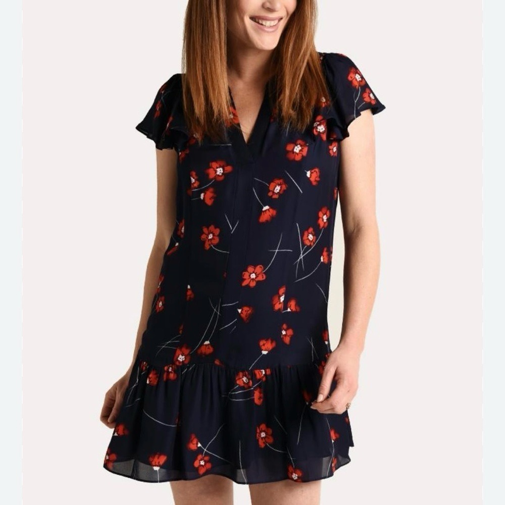 New Parker Violet Dress Navy Red Floral Silk Blend Women's Size Small Flutter - Picture 2 of 14